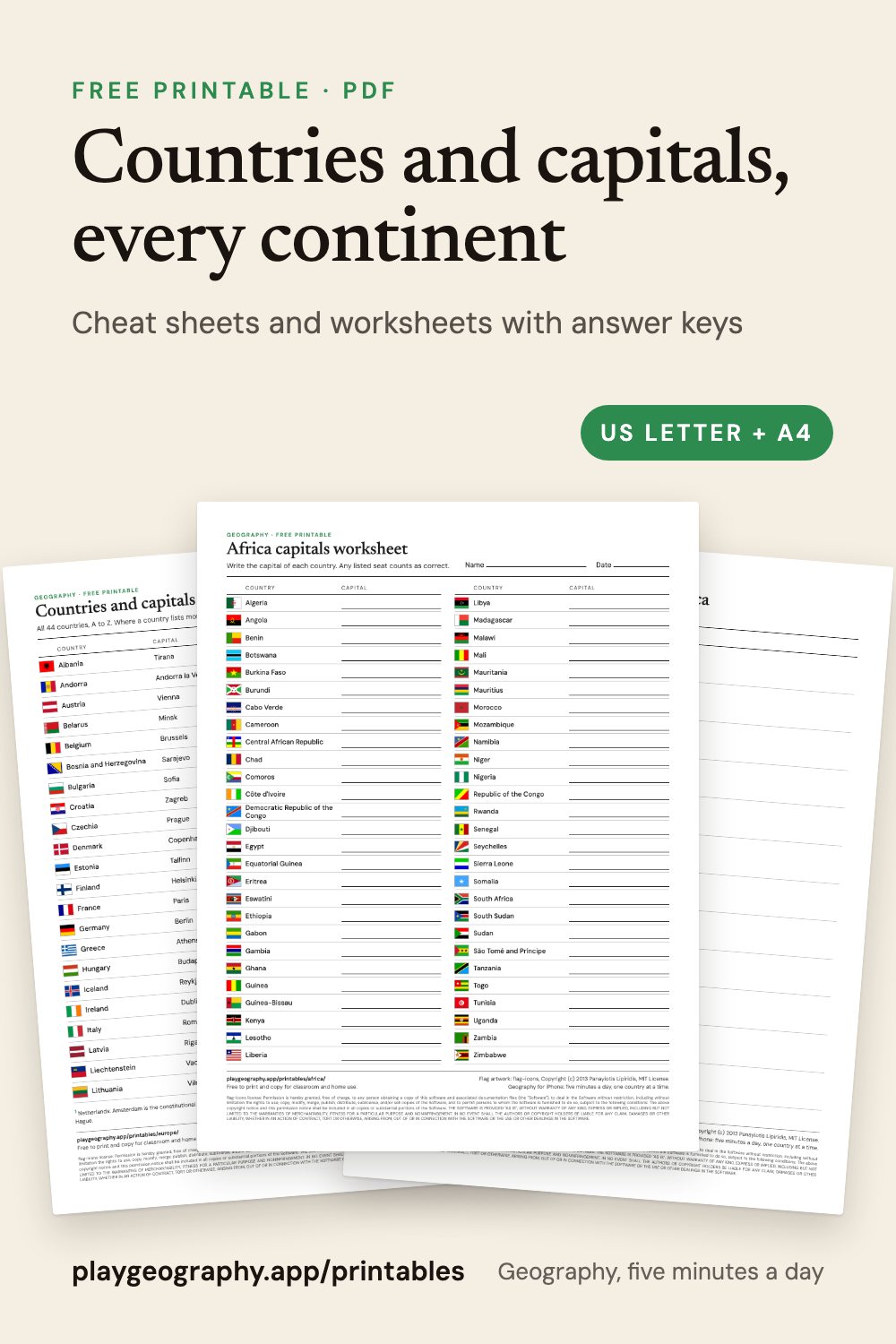 Countries and capitals, every continent: preview of the printable sheets