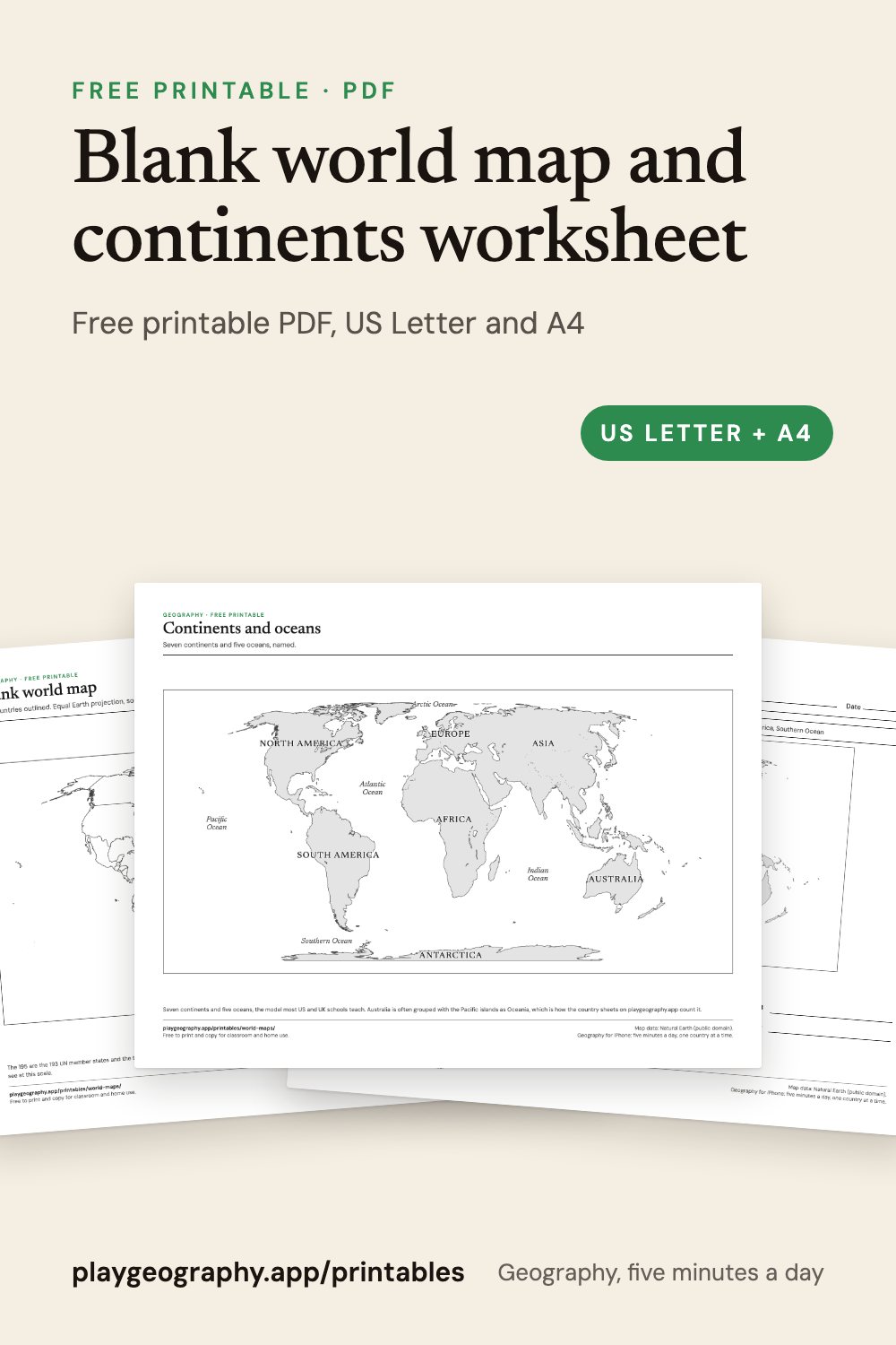 Blank world map and continents worksheet: preview of the printable sheets