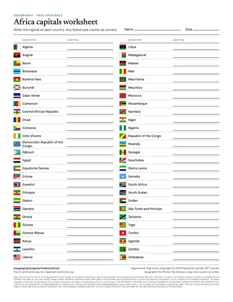 Preview of the Africa capitals worksheet sheet