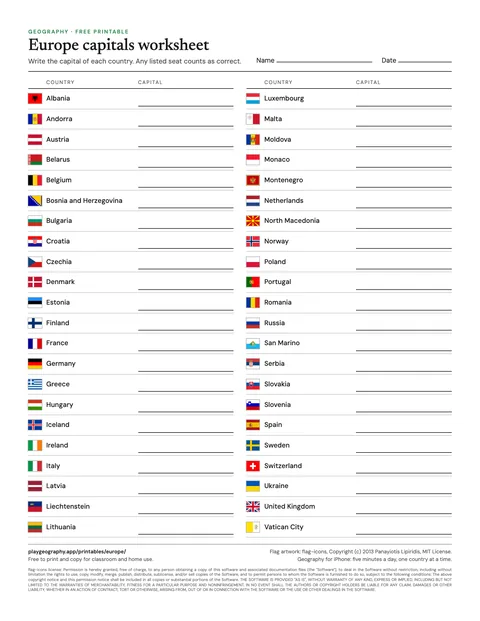Preview of the Europe capitals worksheet sheet