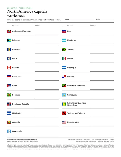 Preview of the North America capitals worksheet sheet