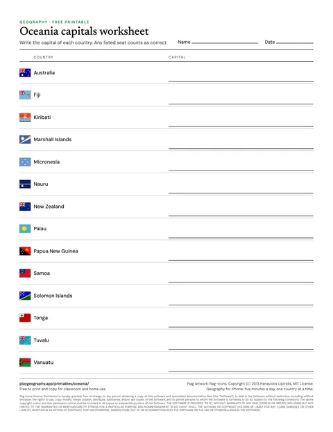 Preview of the Oceania capitals worksheet sheet