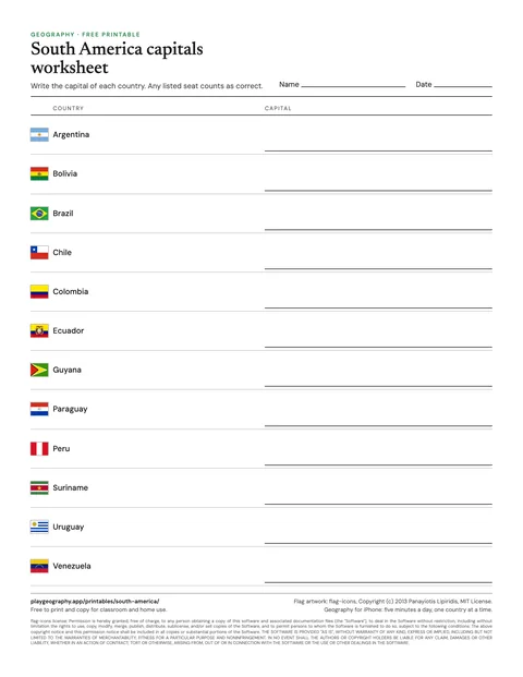 Preview of the South America capitals worksheet sheet
