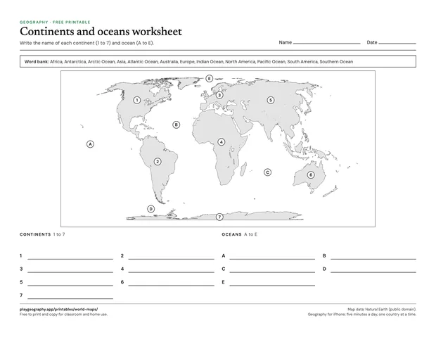 Preview of the Continents and oceans worksheet sheet